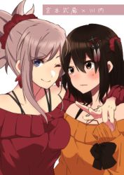 Rule 34 | 2girls, arm around neck, bare shoulders, blue eyes, blush, brown hair, closed mouth, crossover, fate/grand order, fate (series), frown, hair between eyes, hair ornament, hair scrunchie, hand up, kantai collection, miyamoto musashi (fate), multiple girls, one eye closed, orange sweater, pink hair, red sweater, rinto (rint rnt), scrunchie, sendai (kancolle), simple background, smile, sweater, swept bangs, two side up, v, white background
