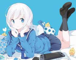 Rule 34 | 1girl, animal, bed sheet, bird, black socks, blue background, blue eyes, blue neckwear, blue sailor collar, blue shirt, blue skirt, blush, brown footwear, chick, closed mouth, commentary request, handheld game console, highres, legs up, long hair, long sleeves, looking at viewer, lying, nintendo switch, on stomach, original, pleated skirt, resolution mismatch, sailor collar, school uniform, serafuku, shirt, shoe soles, shoes, skirt, smile, socks, soles, solo, source larger, tantan men (dragon), white hair