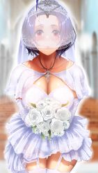 Rule 34 | 1girl, ahoge, blue hair, blurry, blurry background, bouquet, breasts, bridal gauntlets, circlet, cleavage, collarbone, cross, cross necklace, dress, flower, garter straps, hairband, highres, idolmaster, idolmaster (classic), jewelry, lace hairband, large breasts, miura azusa, necklace, nohito, panties, red eyes, see-through, short hair, smile, thighhighs, underwear, veil, wedding dress, white panties, white thighhighs