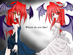 Rule 34 | 1girl, demon girl, dress, embodiment of scarlet devil, english text, eyes visible through hair, female focus, gradient background, grey background, head wings, koakuma, multiple views, pointy ears, standing, touhou, white background, wings