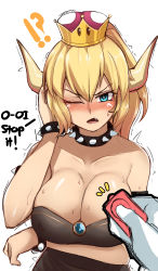Rule 34 | !, !!, 1girl, absurdres, blonde hair, blue eyes, blush, bowsette, bracelet, breast hold, breasts, cleavage, controller, dress, english text, highres, jewelry, large breasts, looking at viewer, mario (series), new super mario bros. u deluxe, nintendo, ponytail, remote control, simple background, solo focus, spiked bracelet, spikes, strapless, strapless dress, super mario bros. 1, text focus, white background, z666ful
