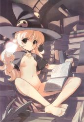 Rule 34 | 1girl, barefoot, blonde hair, book, breasts, capelet, earrings, feet, flat chest, hat, highres, jewelry, jiji (aardvark), long hair, magic, navel, nipples, nude, original, pointy ears, small breasts, soles, solo, toes, too many, witch, witch hat, yellow eyes