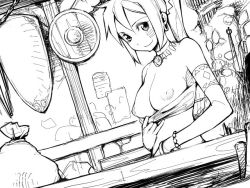 Rule 34 | 1girl, armband, atlus, bandeau, bikini, bikini pull, bracelet, breasts, choker, clothes pull, earrings, etrian odyssey, exhibitionism, facial mark, greyscale, hoop earrings, jewelry, large breasts, monochrome, necklace, nipples, ponytail, public indecency, puffy nipples, pulled by self, sack, shield, shilleka, sketch, smile, solo, strapless, swimsuit, top pull, tube top, yurikawa