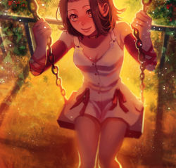 Rule 34 | 1girl, arm warmers, backlighting, bad id, bad pixiv id, blurry, breasts, brown hair, cleavage, dress, from above, jojo no kimyou na bouken, light particles, medium breasts, noriuma, orange eyes, pink dress, sitting, solo, sugimoto reimi, sunlight, swing, swing set