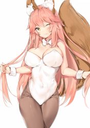Rule 34 | 10s, 1girl, ;3, animal ear fluff, animal ears, bare shoulders, blush, bow, breasts, brown pantyhose, cleavage, closed mouth, commentary request, covered erect nipples, detached collar, fang, fang out, fate/extra, fate (series), fox ears, fox girl, fox tail, grey background, hair between eyes, head tilt, highres, holding, holding own hair, large breasts, leotard, long hair, looking at viewer, nontraditional playboy bunny, one eye closed, pantyhose, pink hair, playboy bunny, silver (chenwen), simple background, solo, standing, strapless, strapless leotard, tail, tamamo (fate), tamamo no mae (fate/extra), very long hair, white bow, white leotard, wrist cuffs, yellow eyes