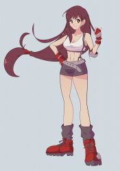 Rule 34 | bare shoulders, belt, black skirt, black socks, boots, breasts, bright pupils, brown hair, chromatic aberration, cleavage, collarbone, crop top, final fantasy, final fantasy vii, fingerless gloves, full body, gloves, grey background, hair tie, hand on own hip, hand up, highres, legs, long hair, looking to the side, low-tied long hair, medium breasts, midriff, miniskirt, nano (nanolovesyou), navel, pencil skirt, red eyes, red footwear, red gloves, shirt, simple background, skirt, sleeveless, sleeveless shirt, socks, standing, stomach, suspenders, thighs, thumbs up, tifa lockhart, toned, very long hair, white pupils, white shirt