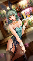 Rule 34 | alcohol, animal ears, bar (place), bar stool, black leotard, bottle, bow, bowtie, breasts, brown thighhighs, cleavage, covered navel, cup, detached collar, drinking glass, fake animal ears, fishnet thighhighs, fishnets, frilled leotard, frills, garter straps, green hair, green leotard, highres, indoors, kantai collection, leotard, playboy bunny, rabbit ears, school uniform, serafuku, side-tie leotard, sitting, small breasts, solo, stool, strapless, strapless leotard, thighhighs, thighs, tray, tsukineko, whiskey, wrist cuffs, yuubari (kancolle)