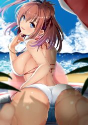 Rule 34 | 10s, 1girl, ass, bad id, bad twitter id, ball, beach, beachball, bikini, blue eyes, blush, bracelet, breasts, brown hair, bush, cloud, day, finger to mouth, from behind, hand on own hip, highres, jewelry, kantai collection, large breasts, long hair, looking at viewer, looking back, open mouth, outdoors, saratoga (kancolle), side-tie bikini bottom, side ponytail, sideboob, solo, strap gap, swimsuit, umbrella, white bikini, youkan (mattya youkan)