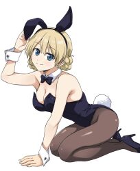 1girl animal_ears black_bow black_bowtie black_footwear black_leotard black_pantyhose blonde_hair blue_eyes bow bowtie braid breasts cleavage darjeeling_(girls_und_panzer) detached_collar full_body girls_und_panzer high_heels kneeling leotard looking_at_viewer medium_breasts pantyhose playboy_bunny ponzu_rui rabbit_ears rabbit_tail red_bow short_hair simple_background solo strapless strapless_leotard tail white_background wrist_cuffs