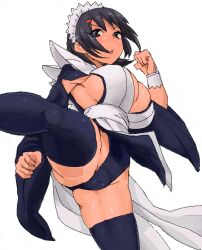 Rule 34 | 1girl, apron, ass, black hair, black thighhighs, blue eyes, blush, breast slip, breasts, cameltoe, cleavage, clenched hands, curvy, dual wielding, female focus, highleg, highleg leotard, holding, huge ass, huge breasts, iroha (samurai spirits), kicking, large breasts, leotard, leotard under clothes, looking at viewer, maid, maid headdress, minakami (flyingman555), nipples, no bra, open mouth, puffy nipples, revealing clothes, ryona, samurai spirits, shiny skin, short hair, simple background, snk, solo, strapless, strapless leotard, surprised, sweat, thick thighs, thighhighs, thighs, thong leotard, white apron, white background, wide hips