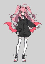 Rule 34 | 1girl, absurdres, bad id, bad twitter id, black jacket, closed mouth, contrapposto, full body, grey background, grey eyes, hair between eyes, highres, horns, jacket, long hair, long sleeves, low wings, original, pink hair, samei ikusa, shoes, simple background, smile, solo, standing, thighhighs, two side up, white footwear, white thighhighs, wings, zettai ryouiki