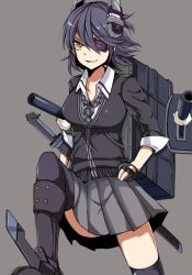 Rule 34 | 10s, 1girl, cannon, eyepatch, grey background, highres, kantai collection, koenza botoke, necktie, personification, pleated skirt, short hair, skirt, smile, solo, tenryuu (kancolle), turret