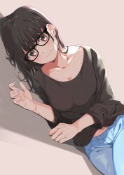 Rule 34 | 1girl, absurdres, amu (258shin), black-framed eyewear, black hair, blush, breasts, brown background, brown eyes, brown shirt, cleavage, closed mouth, collarbone, commentary request, glasses, hair in own mouth, highres, light smile, long sleeves, looking at viewer, lying, navel, on side, original, shirt, short hair, simple background, solo