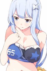 Rule 34 | 10s, 1girl, blue eyes, blue hair, bow, breasts, bustier, cheerleader, cleavage, clothes writing, enelis, frills, hair bow, hand on own chest, idolmaster, idolmaster million live!, idolmaster million live! theater days, licking lips, looking to the side, medium breasts, midriff, shiraishi tsumugi, solo, spaghetti strap, tongue, tongue out, upper body, white background