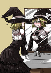 Rule 34 | 1girl, bare shoulders, belt, black dress, blonde hair, blush, breasts, cleavage, dress, elbow gloves, glasses, gloves, green eyes, half updo, halloween, hat, highres, large breasts, mizuhashi parsee, pointy ears, solo, touhou, wavy mouth, witch, witch hat, yo no ji