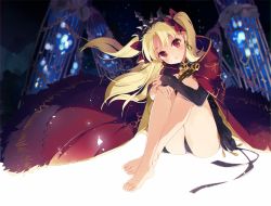 Rule 34 | 1girl, barefoot, black dress, black panties, blonde hair, blurry, blush, cafe, cape, chain, closed mouth, crossed ankles, depth of field, dress, earrings, ereshkigal (fate), eyelashes, fate/grand order, fate (series), feet, floating hair, full body, glowing, hair ribbon, head tilt, jewelry, knees up, light particles, long hair, long sleeves, looking at viewer, miya (ete), necklace, panties, parted bangs, red cape, red eyes, red ribbon, ribbon, short dress, sitting, skull necklace, sleeves past wrists, smile, solo, tiara, toes, tohsaka rin, two side up, underwear, wind