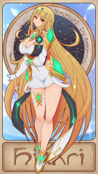 Rule 34 | 1girl, absurdres, ahoge, ass, blonde hair, blush, boots, breasts, circlet, cleavage, dress, elbow gloves, gloves, highres, large breasts, long hair, looking at viewer, mythra (xenoblade), nintendo, ponponmaru, scarf, shiny clothes, shiny skin, smile, solo, thigh strap, white dress, xenoblade chronicles (series), xenoblade chronicles 2, yellow eyes