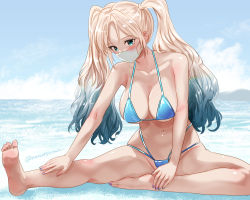 Rule 34 | 1girl, aqua eyes, bare arms, bare legs, bare shoulders, barefoot, bikini, blonde hair, blue bikini, blue hair, blue sky, blush, breasts, cloud, collarbone, commentary, day, gradient hair, large breasts, long hair, looking at viewer, mask, mouth mask, multicolored hair, nail polish, navel, original, outdoors, purple nails, sitting, sky, solo, stomach, surgical mask, swimsuit, thighs, toenail polish, toenails, twintails, uenoryoma, very long hair