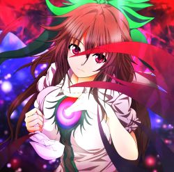 Rule 34 | 1girl, bird wings, blouse, bow, breasts, brown hair, cape, cleavage, collarbone, hair between eyes, hair bow, kotaroukuroo, large breasts, light particles, long hair, looking at viewer, open clothes, open shirt, pointing, pointing at self, ponytail, puffy short sleeves, puffy sleeves, red eyes, reiuji utsuho, shirt, short sleeves, solo, third eye, touhou, undressing, very long hair, white shirt, wings