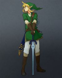 Rule 34 | 1boy, blonde hair, blue eyes, boots, brown gloves, earrings, gloves, hat, jewelry, knee boots, link, male focus, master sword, morishige, nintendo, planted, planted sword, planted weapon, pointy ears, scabbard, sheath, shield, shield on back, solo, sword, the legend of zelda, tunic, weapon