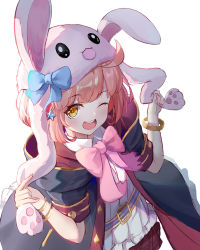 Rule 34 | 1girl, ;d, animal hat, belt, blunt bangs, bow, bowtie, bracelet, chieru (princess connect!), commentary request, dddsunsky, hat, highres, hood, hooded coat, jewelry, looking at viewer, one eye closed, open mouth, pink bow, pink bowtie, princess connect!, red hair, short hair, short sleeves, simple background, smile, solo, star-shaped pupils, star (symbol), symbol-shaped pupils, teeth, upper teeth only, white background, yellow eyes