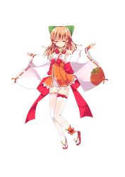 Rule 34 | 1girl, absurdres, bell, bow, detached sleeves, closed eyes, full body, hair bow, highres, juure mikku pandora puerta, long hair, masato chizuru, official art, orange hair, outstretched arms, refeia, ribbon-trimmed sleeves, ribbon trim, sandals, skirt, smile, solo, thighhighs, white thighhighs, wide sleeves