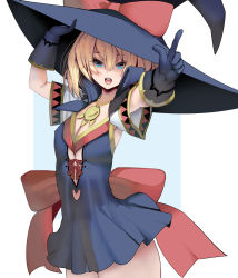 Rule 34 | 1girl, blonde hair, blue eyes, bow, breasts, cowboy shot, dress, gloves, hair between eyes, hand on headwear, hat, highres, holding, jewelry, kouno (masao), looking at viewer, necklace, open mouth, original, photoshop (medium), pointing, red bow, revision, short hair, short sleeves, small breasts, solo, two-tone background, witch, witch hat