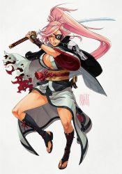 Rule 34 | 1girl, amputee, armor, baiken, boots, breasts, cleavage, commentary, facial tattoo, full body, guilty gear, guilty gear xrd, highres, holding, holding sword, holding weapon, jacket, jacket on shoulders, japanese armor, japanese clothes, kanta-kun, kataginu, katana, kimono, knee boots, kote, large breasts, lips, long hair, looking at viewer, mouth hold, no bra, obi, official style, one-eyed, open clothes, open kimono, pink eyes, pink hair, sash, scar, scar across eye, scar on face, sheath, solo, straw (stalk), sword, tattoo, toeless footwear, weapon
