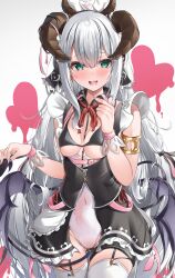 Rule 34 | 1girl, absurdres, apron, armlet, bikini, bikini top only, black bikini, blush, breasts, covered navel, demon, demon girl, demon horns, demon tail, demon wings, frilled apron, frills, garter straps, green hair, grey hair, highleg, highleg leotard, highres, horns, impossible clothes, leotard, long hair, looking at viewer, maid, maid apron, maid headdress, medium breasts, nekoya minamo, open mouth, original, pointy ears, solo, swimsuit, tail, thighhighs, thighs, waist apron, white apron, white hair, white thighhighs, wings