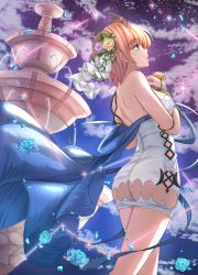 Rule 34 | 1girl, ass, bare shoulders, blonde hair, blue eyes, blue sky, breasts, cloud, commentary request, dress, europa (granblue fantasy), flower, fountain, granblue fantasy, hair between eyes, hair flower, hair ornament, highres, keikei (kitty colors), large breasts, short hair, sky, solo, star (symbol), tiara, water, white dress