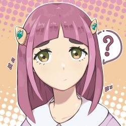 Rule 34 | 1girl, ?, blunt bangs, brown eyes, closed mouth, collarbone, commentary request, creatures (company), eyelashes, game freak, hair ornament, lacey (pokemon), long hair, nintendo, orange background, outline, pokemon, pokemon sv, portrait, purple hair, shiomipon, solo, sparkle, spoken question mark