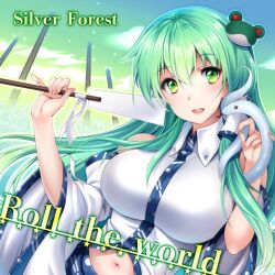 Rule 34 | 1girl, album cover, blue trim, breasts, circle name, cloud, collared shirt, cover, detached sleeves, english text, frog hair ornament, game cg, gohei, green eyes, green hair, green sky, hair ornament, hand in own hair, holding, holding gohei, kochiya sanae, large breasts, long hair, midriff, official art, petting, pillar, rakujin, shirt, silver forest, single hair tube, single sidelock, sleeveless, sleeveless shirt, smile, snake, snake hair ornament, solo, teeth, touhou, touhou cannonball, white shirt, white sleeves