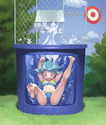 Rule 34 | 1girl, alternate costume, arm support, barefoot, bikini, bikini top only, blue eyes, blue hair, blue sky, blush, breasts, bubble, cloud, commission, day, dunk tank, female focus, front-tie bikini top, front-tie top, gloamy, highres, looking at viewer, mahou shoujo madoka magica, mahou shoujo madoka magica (anime), medium breasts, miki sayaka, navel, outdoors, plant, rainbow bikini, short hair, sky, smile, solo, splashing, spread legs, submerged, swimsuit, tree, underboob, underwater