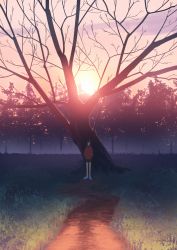 Rule 34 | 1girl, amino (tn7135), backlighting, bare tree, cloud, faceless, faceless female, facing viewer, film grain, grass, hands in pockets, highres, hood, hoodie, jacket, original, outdoors, path, red jacket, road, scenery, shorts, sky, solo, standing, sun, sunset, tree, wide shot