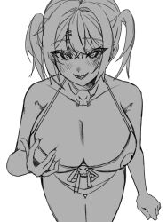 Rule 34 | 1girl, :d, bare shoulders, bikini, bluepaint, blush, breasts, cleavage, collarbone, deep skin, fang, front-tie bikini top, front-tie top, goddess of victory: nikke, greyscale, hair intakes, hand on own chest, highres, large breasts, mast (a pirate&#039;s heart) (nikke), mast (nikke), monochrome, open mouth, short twintails, simple background, sketch, skin fang, skull choker, skull print, smile, solo, swimsuit, thigh gap, twintails, white background
