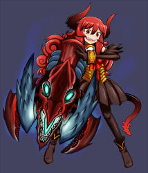 Rule 34 | 1girl, ankle boots, arm cannon, armor, armored dress, boots, borrowed character, bracelet, demon girl, demon horns, demon tail, elbow gloves, fang, full body, ginei, gloves, grin, horns, jewelry, long hair, maou beluzel, original, pantyhose, red eyes, red hair, skirt, smile, solo, tail, weapon, aged down, yuusha to maou