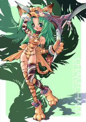 Rule 34 | 1girl, animal ears, animal hands, animal print, bare shoulders, blade, cat ears, cat tail, cham cham, character name, collar, fang, flat chest, fur, gloves, green background, green eyes, green hair, happy, jewelry, leotard, matching hair/eyes, miwa yoshikazu, necklace, open mouth, paw gloves, paw shoes, reflection, samurai spirits, shadow, shoes, smile, snk, solo, tail, thighhighs, tiger print, torn clothes, torn thighhighs, weapon