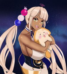Rule 34 | 1girl, bare shoulders, beads, blush, breasts, collarbone, dark-skinned female, dark skin, dog, hair beads, hair ornament, highres, hololive, hololive english, hug, large breasts, long hair, looking at viewer, night, night sky, open mouth, pink hair, ranox, sanallite (tsukumo sana), sideboob, sky, smile, solo, star (sky), starry sky, teeth, tongue, tsukumo sana, twintails, upper body, upper teeth only, virtual youtuber, yellow eyes