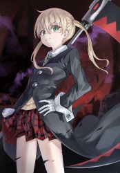 Rule 34 | 1girl, black jacket, blonde hair, closed mouth, collared shirt, commentary request, cowboy shot, gloves, green eyes, green necktie, hand on own hip, highres, holding, holding scythe, holding weapon, ildy, jacket, long hair, long sleeves, looking at viewer, maka albarn, miniskirt, necktie, plaid, plaid skirt, pleated skirt, polearm, red skirt, school uniform, scythe, shirt, skirt, smile, solo, soul eater, twintails, weapon, white gloves, white shirt