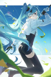 Rule 34 | 1girl, absurdres, ass, asymmetrical bodysuit, black bodysuit, black gloves, blue eyes, blue hair, bodysuit, boots, commentary, cropped jacket, dangmyo, flagpole, from side, full body, gloves, goodsmile racing, green flag, green gloves, hatsune miku, highres, holding, holding pole, jacket, long hair, long sleeves, open mouth, pole, racing miku, racing miku (2022), single leg bodysuit, single thigh boot, solo, thigh boots, twintails, two-tone gloves, very long hair, vocaloid, white jacket