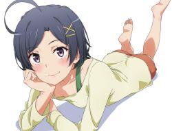 Rule 34 | 1girl, ahoge, ass, barefoot, black eyes, blue hair, blush, breasts, camisole, cleavage, closed mouth, collarbone, dark blue hair, feet, feet up, green shirt, hair ornament, hairclip, hand on own chin, highres, hikigaya komachi, legs up, long sleeves, looking at viewer, lying, on stomach, orange shorts, shirt, short hair, shorts, shou937, simple background, small breasts, smile, soles, solo, the pose, toes, white background, yahari ore no seishun lovecome wa machigatteiru.
