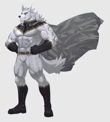 Rule 34 | 1boy, absurdres, animal ears, bara, black cape, bodysuit, bulge, cape, covered abs, covered navel, fang, fang out, from side, full body, furry, furry male, hands on own hips, highres, huge eyebrows, large pectorals, looking ahead, male focus, mature male, muscular, muscular male, neumo, original, pectorals, short hair, smile, solo, standing, strongman waist, superhero costume, thick eyebrows, thick thighs, thighs, white bodysuit, white fur, wolf boy, wolf ears