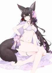 Rule 34 | 1girl, absurdres, animal ears, armpits, ass, bad id, bad pixiv id, bare legs, barefoot, bikini, black hair, blue archive, breasts, cape, flower, fox ears, fox girl, fox tail, hair flower, hair ornament, halterneck, highres, kirschma, large breasts, large tail, long hair, looking at viewer, navel, parted lips, pink flower, simple background, solo, stomach, strap gap, string bikini, swimsuit, tail, thigh strap, thighs, very long hair, wakamo (blue archive), wakamo (swimsuit) (blue archive), white background, white bikini