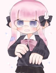 Rule 34 | 1girl, @ @, bandaid, black bow, blue eyes, blush, bow, bowtie, collar, commentary, ear piercing, fang, furrowed brow, hair bow, inkling, inkling girl, inkling player character, long hair, multiple hair bows, nintendo, open mouth, piercing, pink bow, pink bowtie, pink hair, pointy ears, solo, splatoon (series), standing, sweat, symbol-only commentary, tentacle hair, vk92004, wavy mouth, white background, white collar