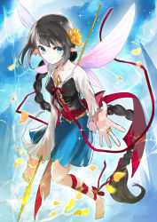 Rule 34 | 1girl, ankle lace-up, bad id, bad pixiv id, barefoot, black hair, blue eyes, braid, cross-laced footwear, fairy wings, flower, hair flower, hair ornament, jewelry, kotokoto (vibgyor), long hair, long sleeves, original, outstretched hand, petals, pointy ears, polearm, ring, skirt, smile, solo, spear, very long hair, weapon, wings