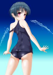 Rule 34 | 1girl, black hair, from behind, highres, kaze makase, looking back, one-piece swimsuit, original, red eyes, school swimsuit, short hair, solo, strap slip, swimsuit