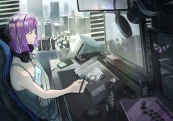 Rule 34 | 1girl, 1other, arcade stick, breasts, building, cable, camisole, can, cellphone, chair, cityscape, closed eyes, commentary request, computer, computer tower, controller, drawing, drawing tablet, drink can, game controller, headphones, headphones around neck, highres, indoors, joystick, computer keyboard, medium hair, meta, microphone, monitor, computer mouse, office chair, original, phone, recursion, robot, room, science fiction, sideways mouth, sigh, sitting, skyscraper, small breasts, smartphone, soda can, solo focus, sora-bakabon, straight hair, stylus, swivel chair, tablet pc, wacom