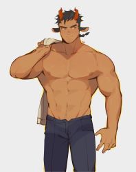 Rule 34 | 1boy, abs, animal ears, bara, black hair, closed mouth, clothes on shoulders, commentary request, dark skin, demon boy, demon horns, highres, horns, large pectorals, male focus, mature male, muscular, muscular male, navel, nick bowman, nipples, pectorals, short hair, smile, solo, stomach, topless male, wansheng jie, yogireji