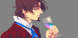 Rule 34 | 1boy, alcohol, bad id, bad pixiv id, blue eyes, brown hair, by esc, cup, drinking glass, facial hair, fate/zero, fate (series), goatee, male focus, ribbon, simple background, solo, tohsaka tokiomi, wine, wine glass