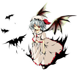 Rule 34 | 1girl, bat (animal), blush, female focus, hat, highres, kotaka, looking at viewer, no nose, red eyes, remilia scarlet, simple background, smile, solo, touhou, white background, wings